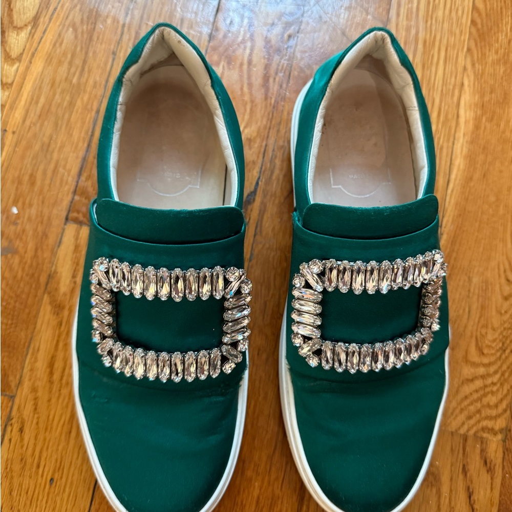 Roger Vivier 36.5 Green Satin Swarovski Slip-On Sneakers